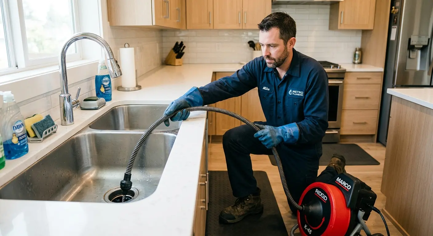 Drain cleaning technician using a motorized snake on a kitchen sink in Palos Heights