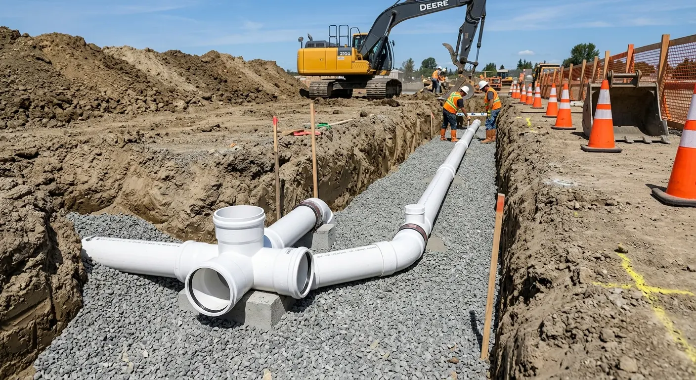 New PVC sewer pipe installation in open trench for Commercial Drain Cleaning in Palos Heights