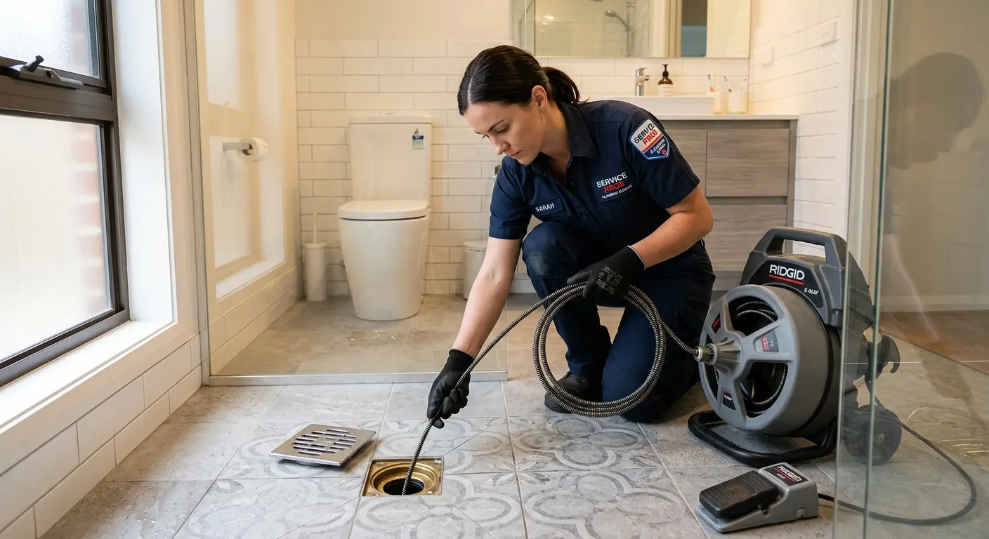 Technician clearing a bathroom floor drain for Clogged Drain Repair in Palos Heights